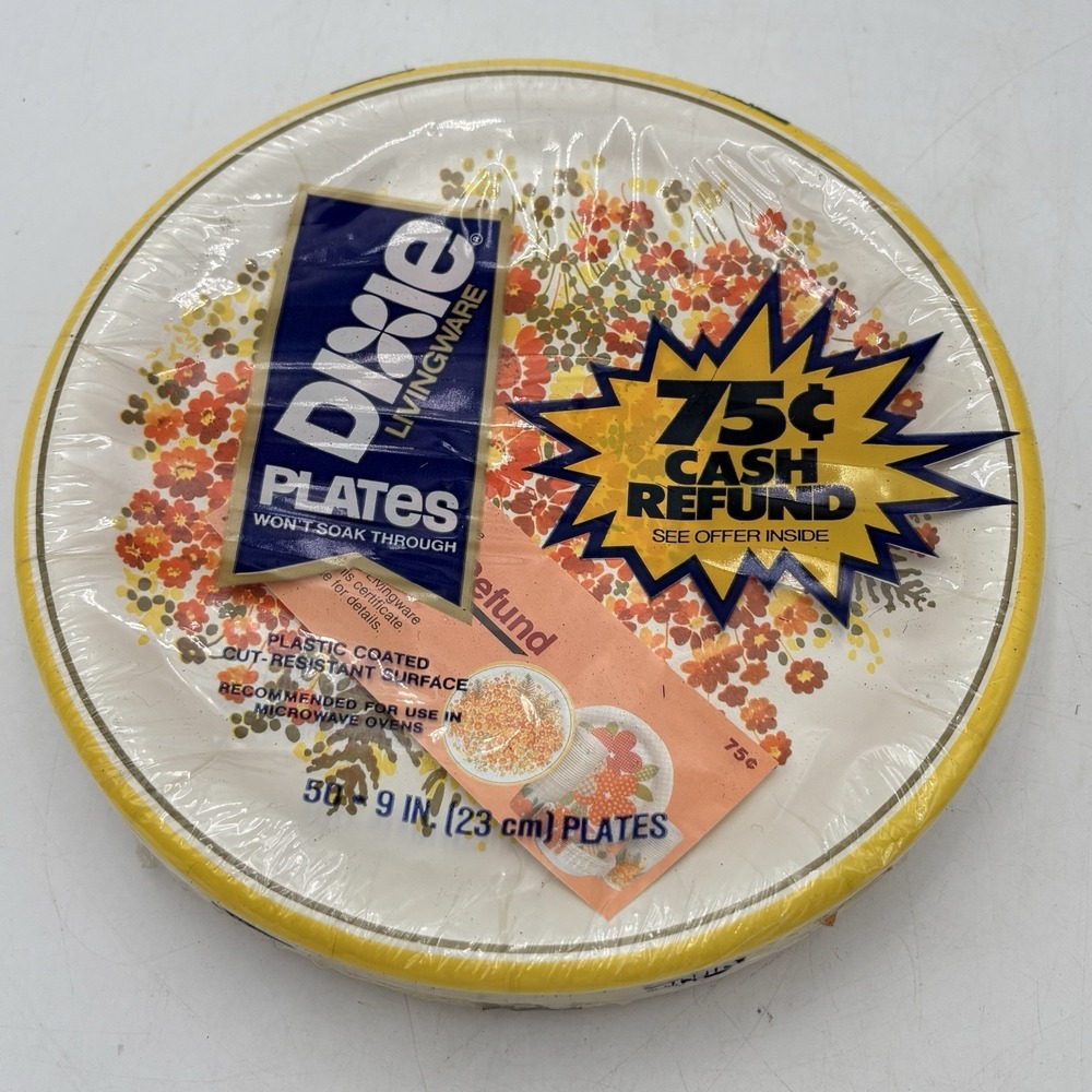 Vintage Dixie Livingware 9 in Plates Pk 50 Yellow Orange Wildflower Floral Retro